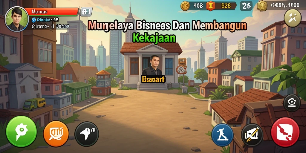 Tampilan utama gameplay F08 dengan berbagai fitur manajemen bisnis.
