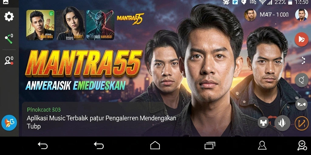 Screenshot gameplay MANTRA55 menampilkan interaksi dan fitur musik.